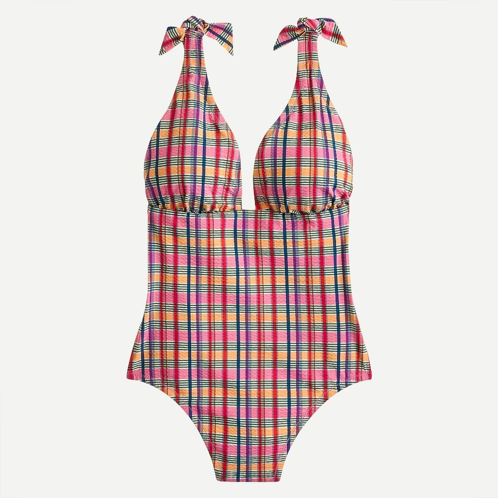 J. Crew Pink Plaid Halter One-Piece Swimsuit